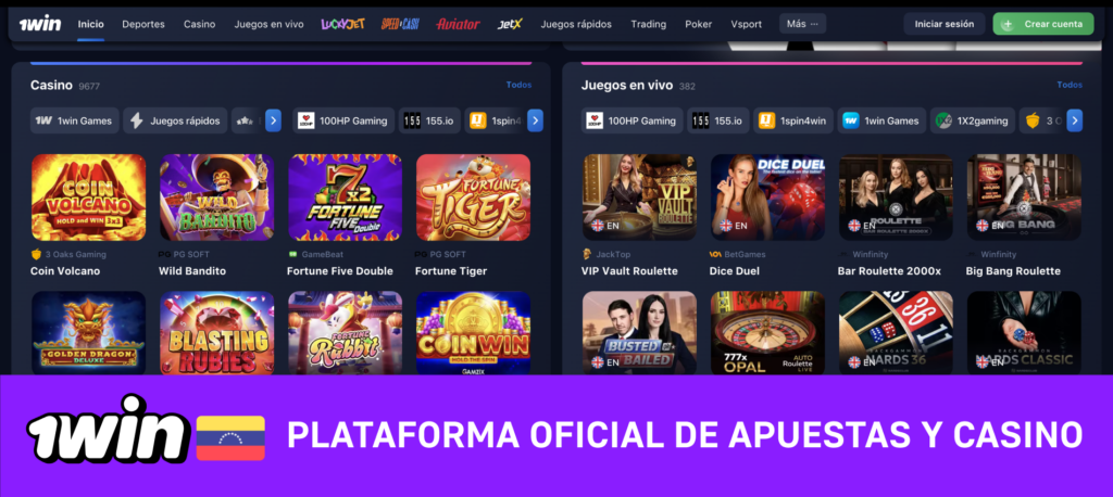 Interfaz de 1win con elementos de azar